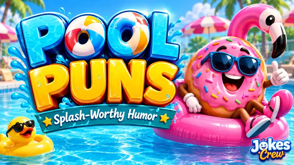 A vibrant featured image for Jokes Crew featuring 3D text "Pool Puns" and a cheerful flamingo float mascot.
