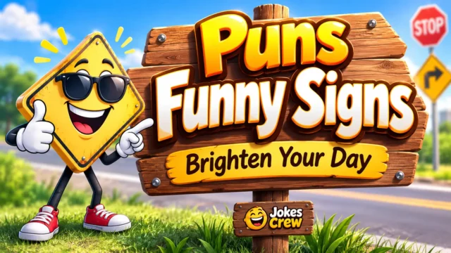 Colorful roadside sign mascot with bold Puns Funny Signs lettering