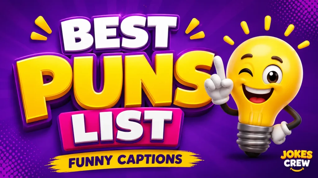 Best puns list with glossy 3D typography, funny captions, and a cheerful light-bulb mascot