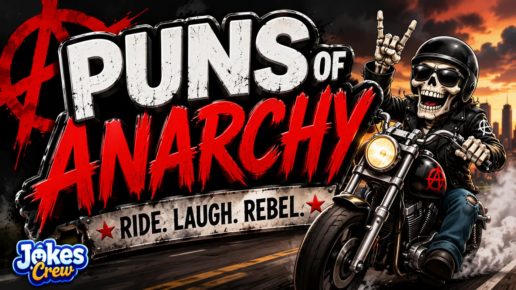 A vibrant featured image for Jokes Crew featuring large 3D text "PUNS OF ANARCHY" and a cool motorcycle mascot.