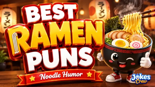 A vibrant featured image for Jokes Crew featuring large 3D text "RAMEN PUNS" and a smiling ramen bowl mascot.
