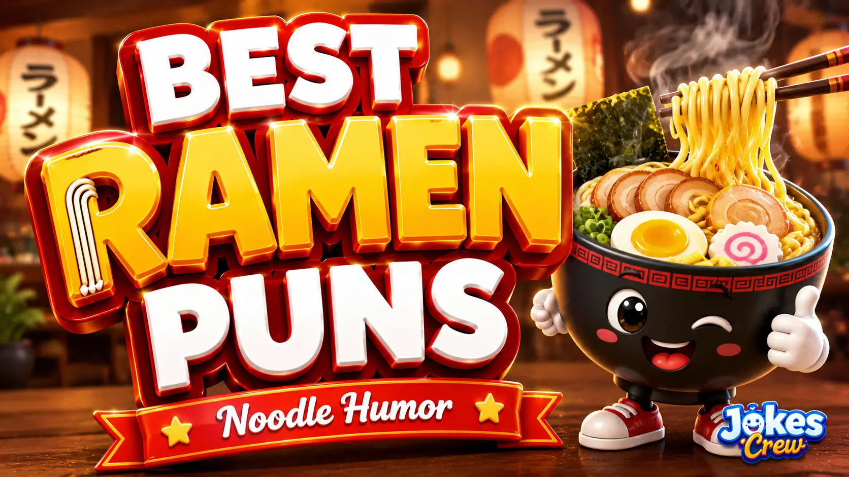 A vibrant featured image for Jokes Crew featuring large 3D text "RAMEN PUNS" and a smiling ramen bowl mascot.