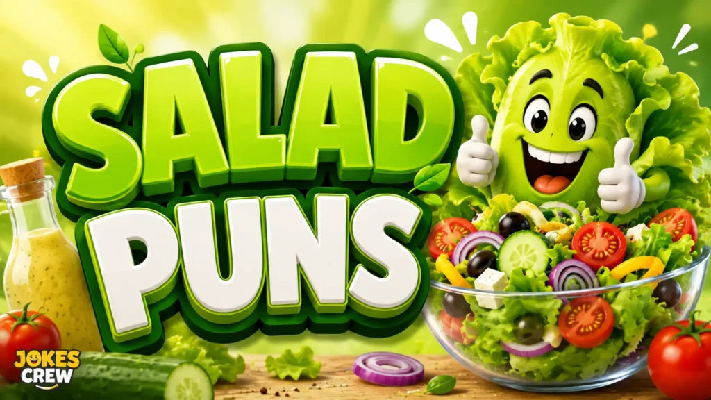 Fresh salad bowl and lettuce mascot with bold Salad Puns 3D typography