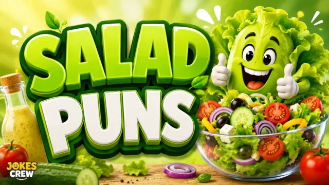 Fresh salad bowl and lettuce mascot with bold Salad Puns 3D typography