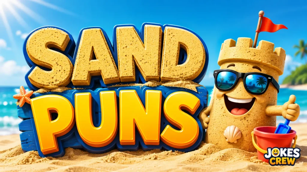 Sand Puns featured image with a sunny beach, 3D sand letters, and a smiling sandcastle mascot