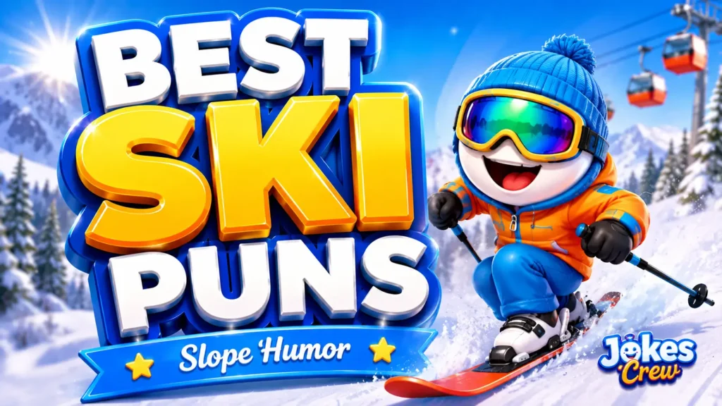 A vibrant featured image for Jokes Crew featuring large 3D text "SKI PUNS" and a winking skier snowman mascot.