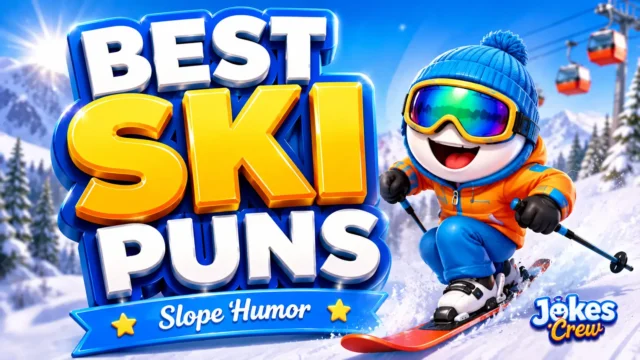 A vibrant featured image for Jokes Crew featuring large 3D text "SKI PUNS" and a winking skier snowman mascot.