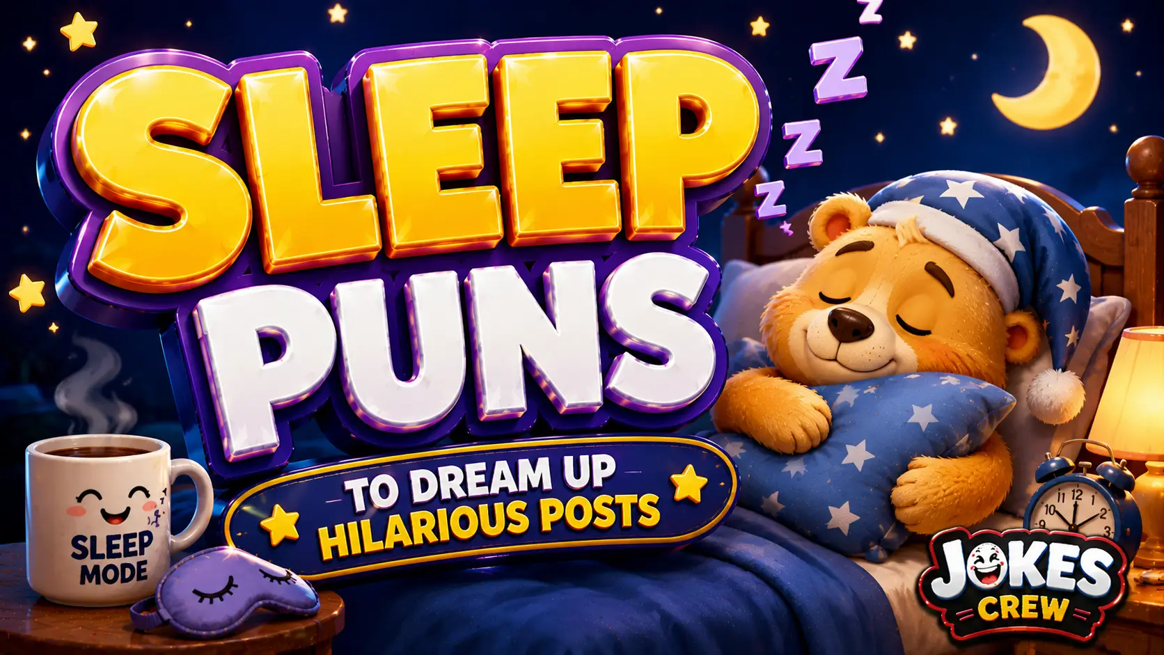 A vibrant featured image for Jokes Crew featuring large 3D text "SLEEP PUNS" and a cute smiling pillow mascot.