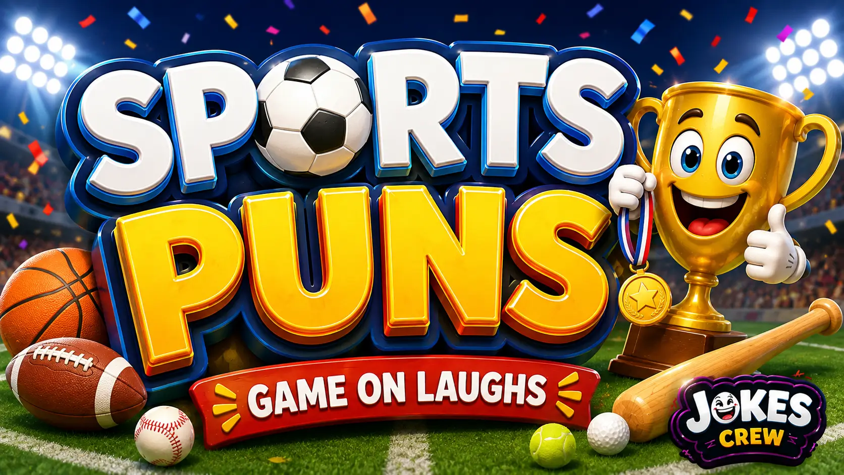 A vibrant featured image for Jokes Crew featuring large 3D text for sports puns and a smiling trophy mascot.