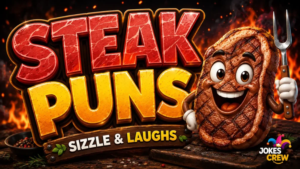 Steak puns thumbnail with bold 3D lettering, a cheerful grilled steak mascot, and a fiery BBQ background.