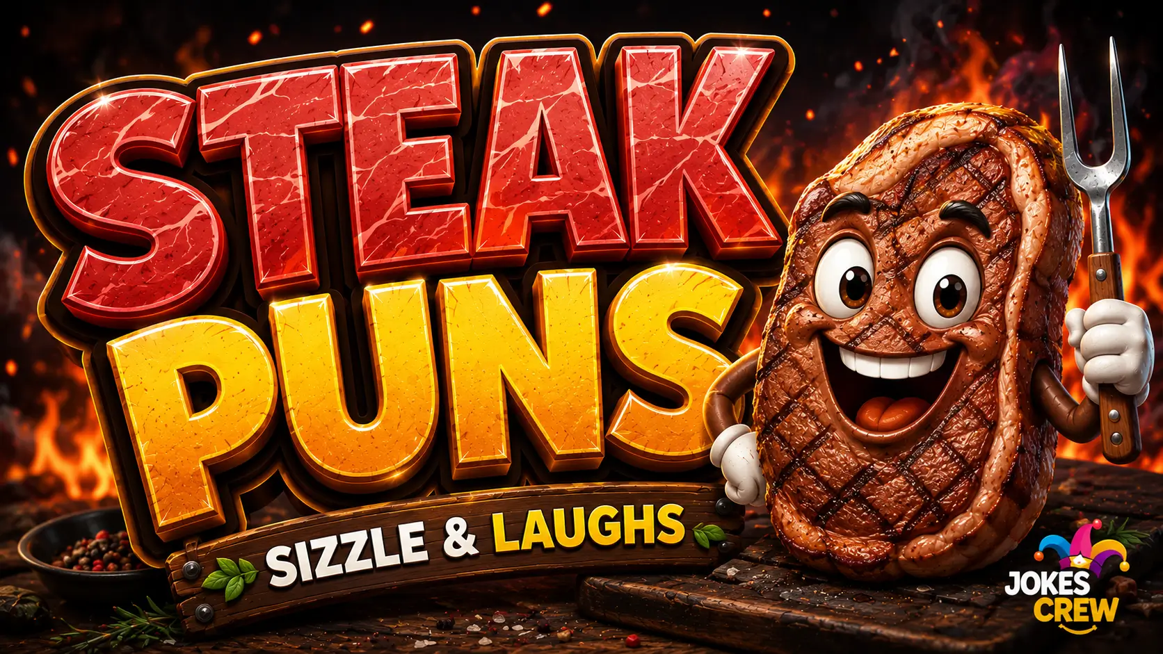 Steak puns thumbnail with bold 3D lettering, a cheerful grilled steak mascot, and a fiery BBQ background.