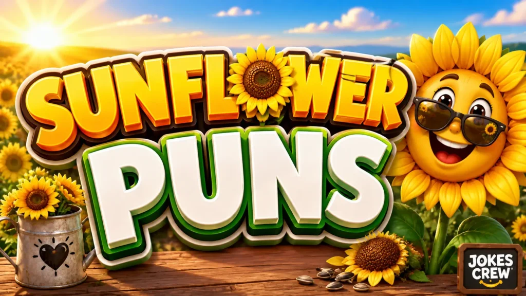 Sunflower Puns thumbnail with a cheerful sunflower mascot in a bright golden field