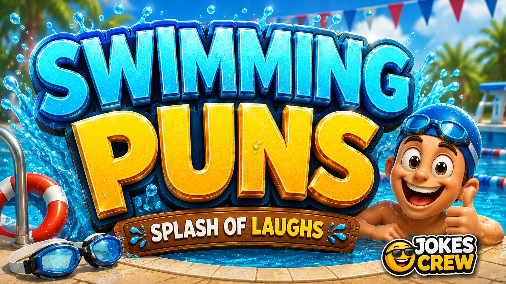 Swimming puns featured image with a fun aquatic design and playful swimming theme