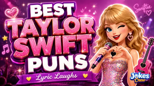 A vibrant featured image for Jokes Crew featuring 3D text "Taylor Swift Puns" and a singing cat mascot.