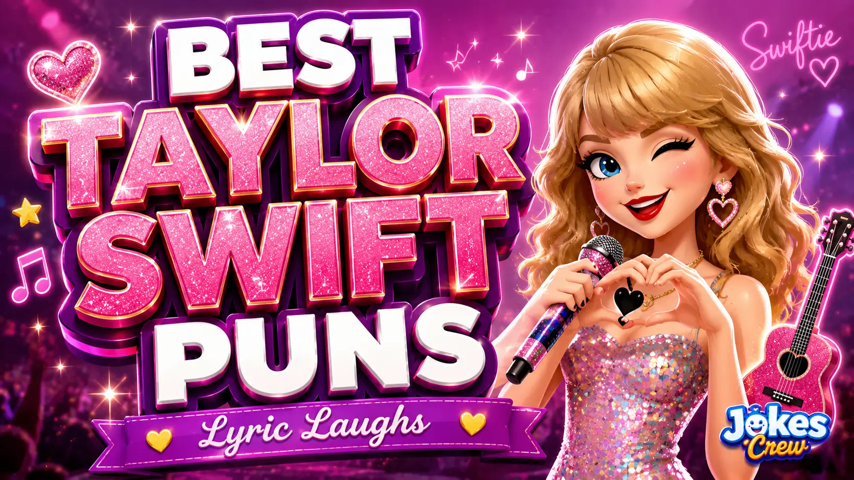 A vibrant featured image for Jokes Crew featuring 3D text "Taylor Swift Puns" and a singing cat mascot.