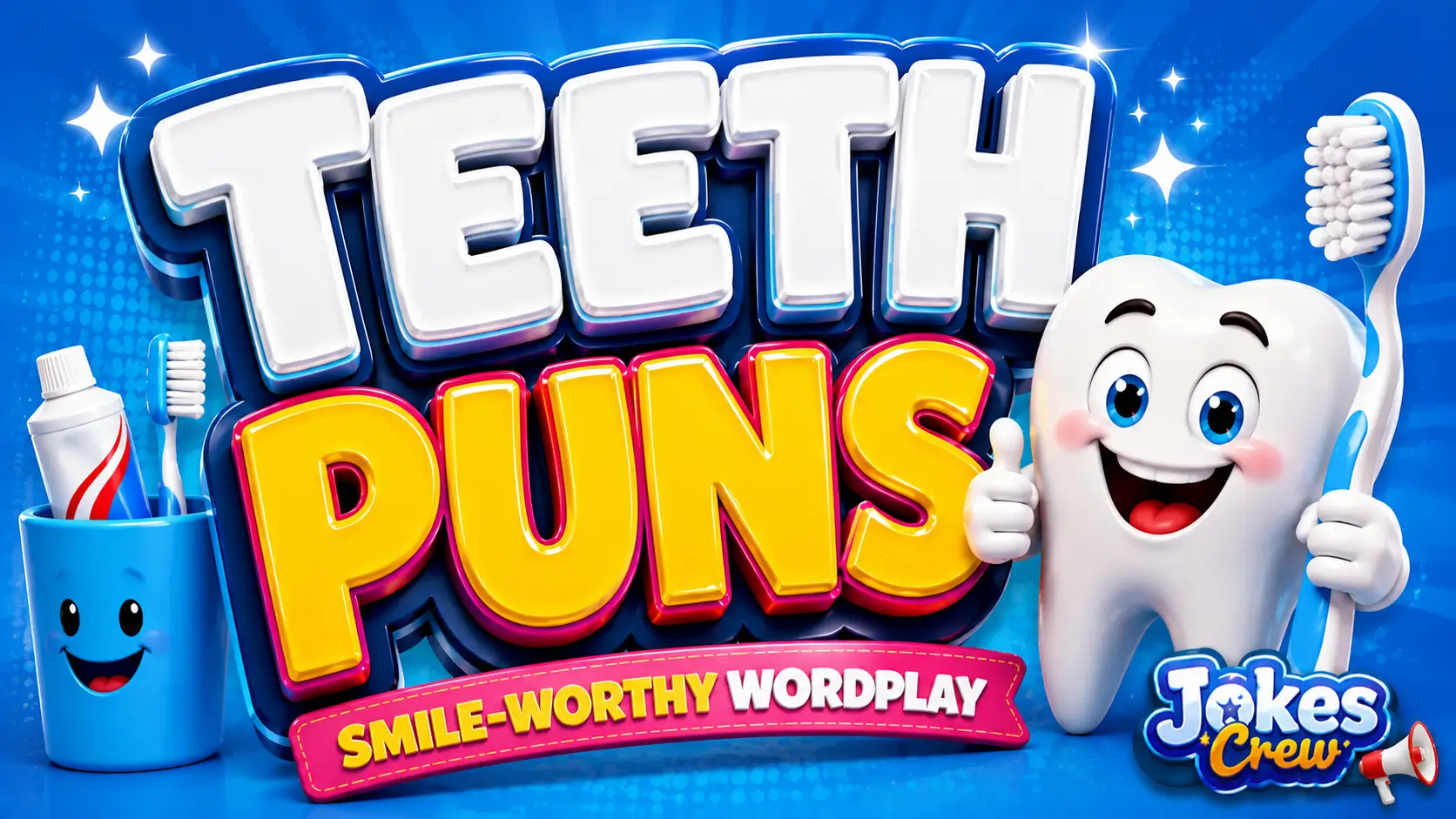 A vibrant featured image for Jokes Crew featuring large 3D text "teeth puns" and a smiling tooth mascot.