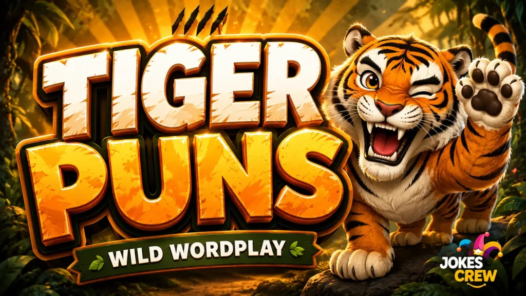 Tiger puns thumbnail with bold 3D lettering and a playful cartoon tiger in a jungle.