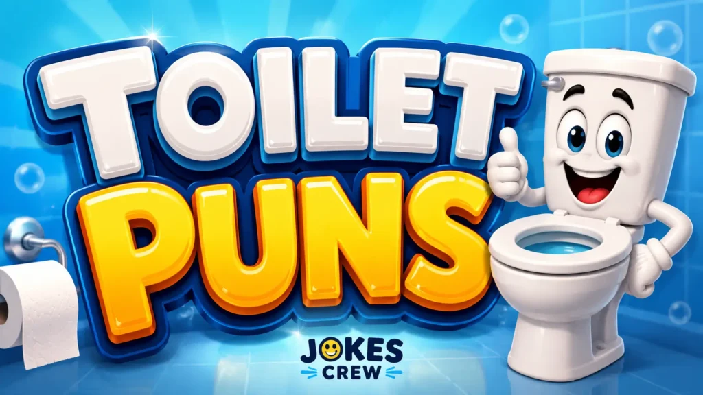 Toilet Puns featured image with glossy 3D lettering and a cheerful toilet mascot