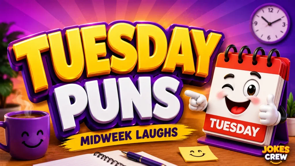 Tuesday puns featured image with a cheerful calendar mascot and bold 3D typography