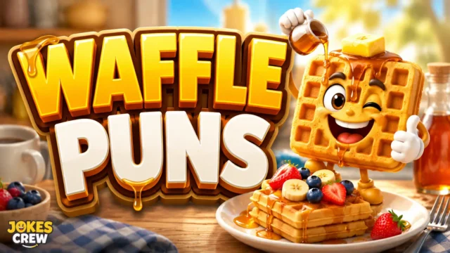 Golden waffle mascot with bold Waffle Puns 3D typography and syrup