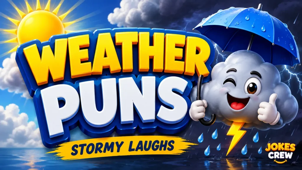 Weather puns featured image with a cheerful cloud, umbrella, sun, and stormy sky