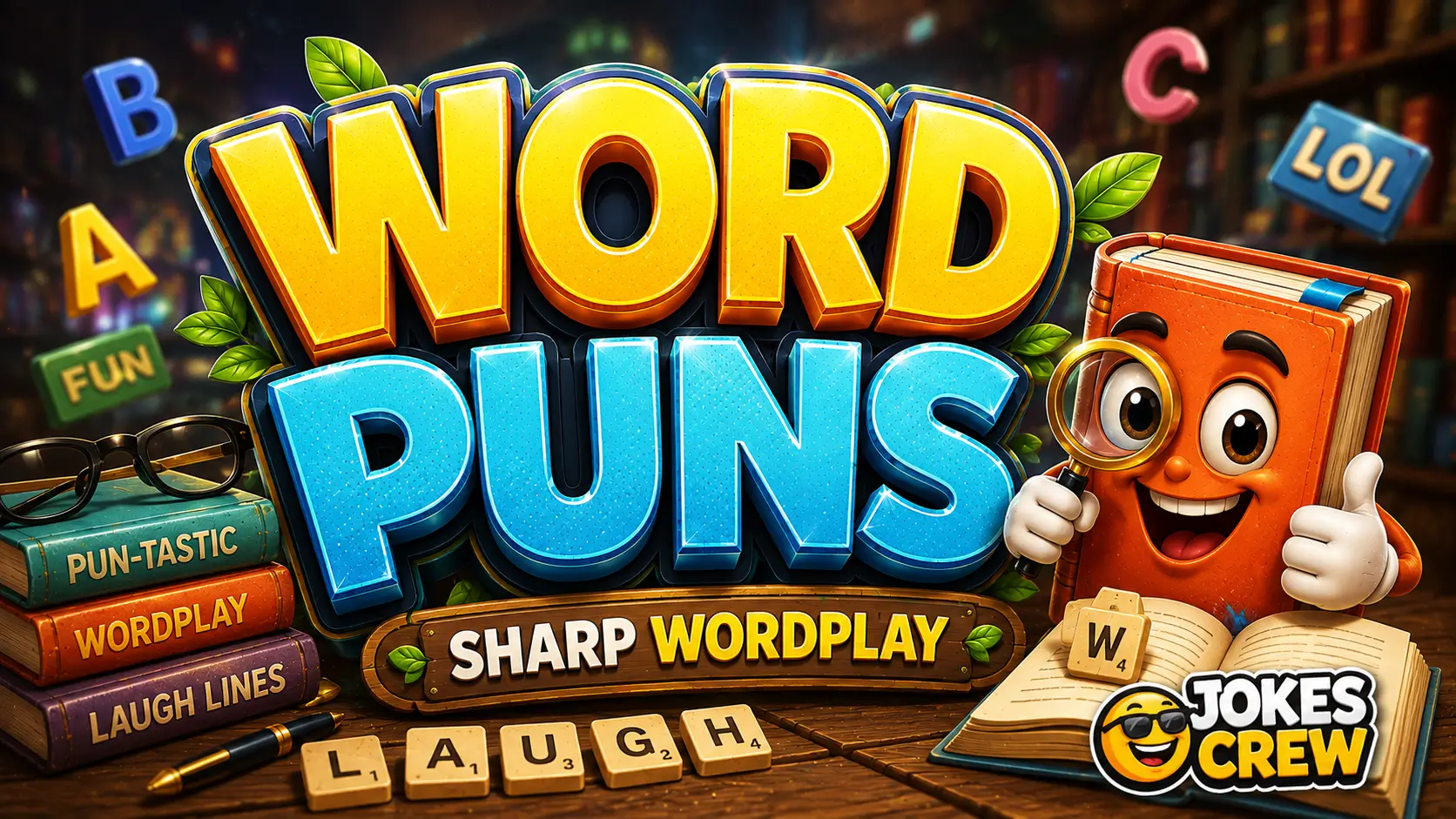 Word puns featured image with bold 3D typography, books, letter tiles, and a cheerful Jokes Crew mascot