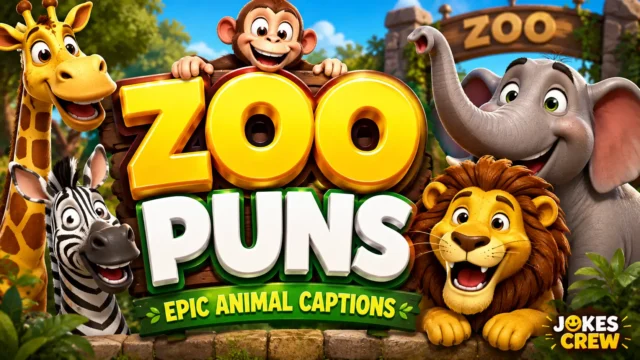 Colorful 3D zoo animals with bold zoo puns typography