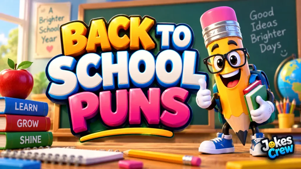 Back to School Puns thumbnail with colorful 3D lettering, pencil mascot, books, and classroom setting
