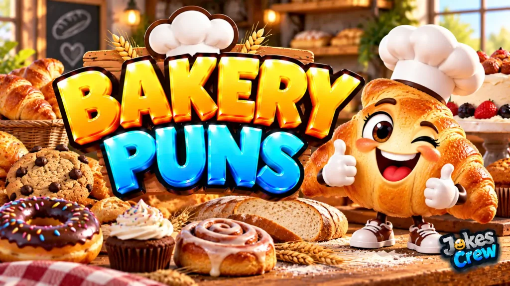 Bakery Puns thumbnail with glossy 3D lettering, croissant mascot, pastries, bread, and cozy bakery setting