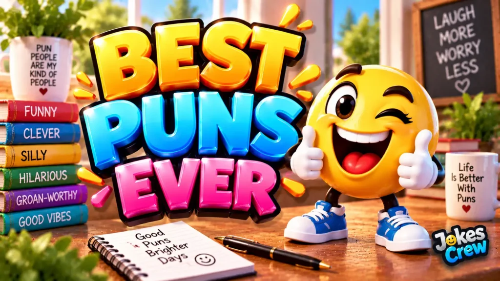 Best Puns Ever thumbnail with glossy 3D lettering, smiling emoji mascot, books, and cozy desk scene