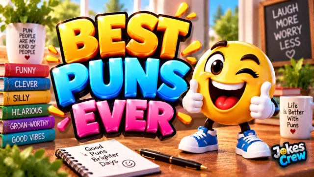 Best Puns Ever thumbnail with glossy 3D lettering, smiling emoji mascot, books, and cozy desk scene