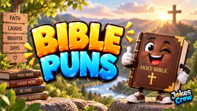 Bible Puns thumbnail with glossy 3D lettering, smiling Bible mascot, cross, mountains, and sunrise