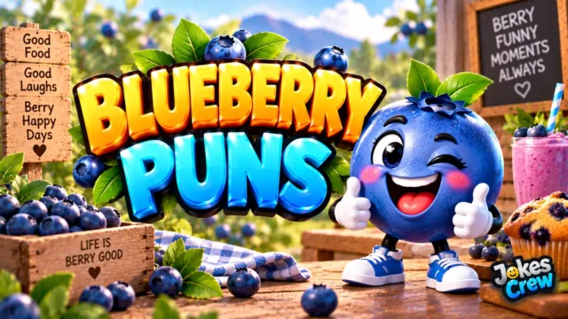 Blueberry Puns thumbnail with glossy 3D lettering, smiling blueberry mascot, berries, smoothie, and muffin