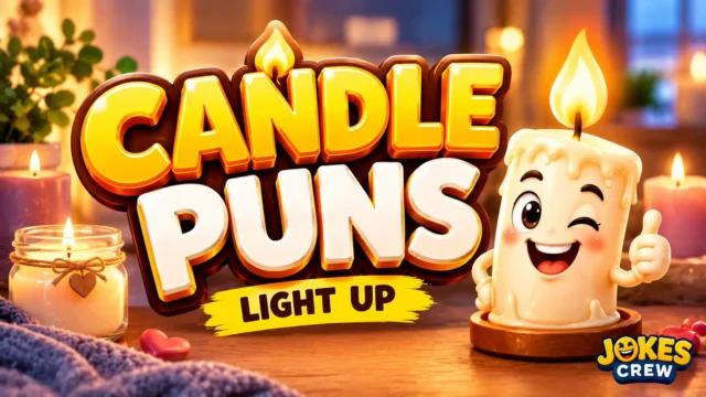 Candle Puns featured image with a cheerful candle mascot and glowing cozy background