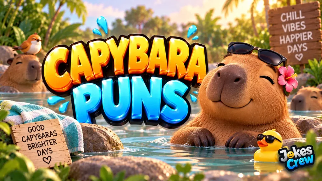 Capybara Puns thumbnail with glossy 3D lettering, relaxing capybara mascot, water, and tropical greenery