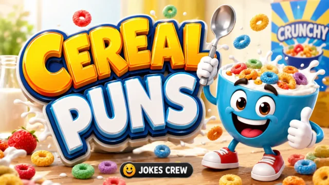 Cheerful cereal bowl mascot with bold Cereal Puns text and colorful breakfast cereal