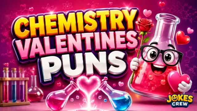 Chemistry Valentines Puns with a cheerful flask mascot, hearts, and colorful laboratory glassware