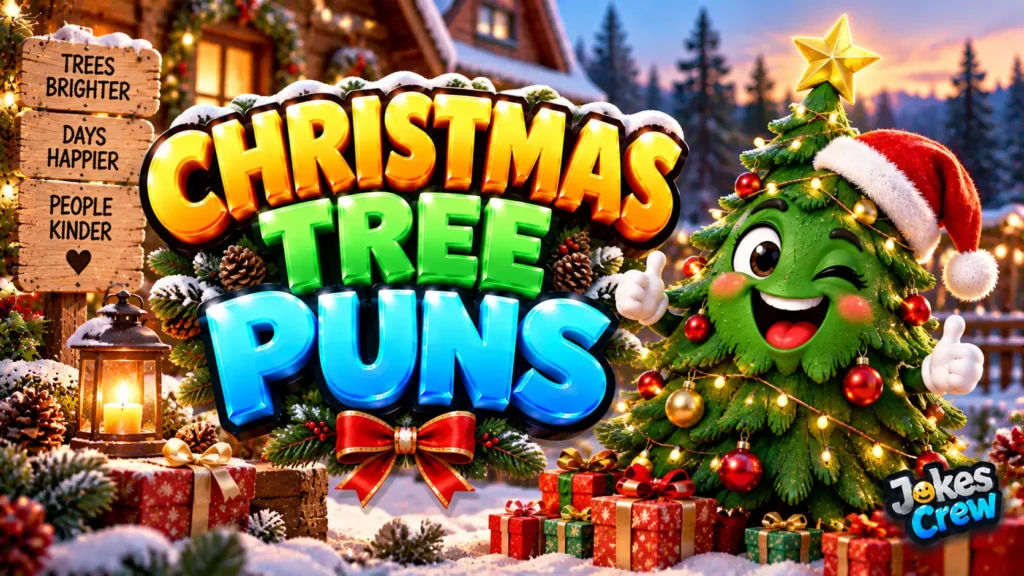 Christmas Tree Puns thumbnail with glossy 3D lettering, festive tree mascot, presents, snow, and cabin