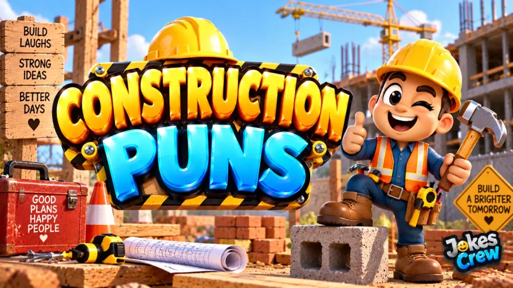 Construction Puns thumbnail with glossy 3D lettering, hard-hat worker, crane, tools, and bricks