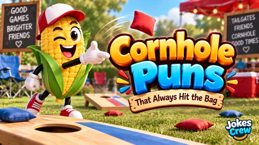 Cornhole Puns featured image with a cheerful corn mascot and bold glossy 3D lettering