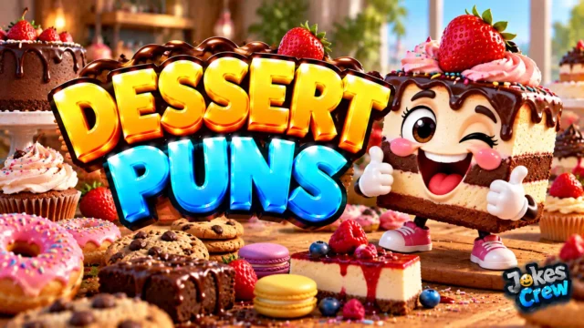 Dessert Puns thumbnail with glossy 3D lettering, cake mascot, cupcakes, donuts, cookies, and berries