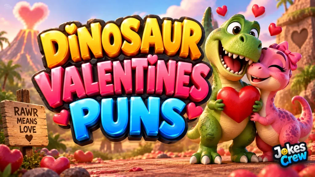 Dinosaur Valentines Puns thumbnail with colorful 3D lettering and two cute dinosaurs sharing a heart