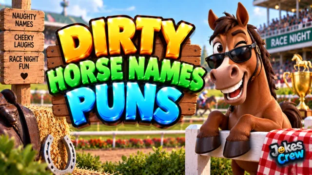 Dirty Horse Names Puns thumbnail with glossy 3D lettering, cheeky horse mascot, race track, and trophy