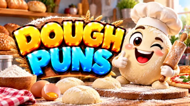 Dough Puns thumbnail with glossy 3D lettering, smiling dough mascot, rolling pin, flour, bread, and pizza