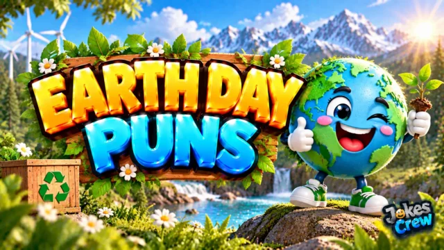 Earth Day Puns thumbnail with glossy 3D lettering, smiling Earth mascot, sapling, recycling, mountains, and river