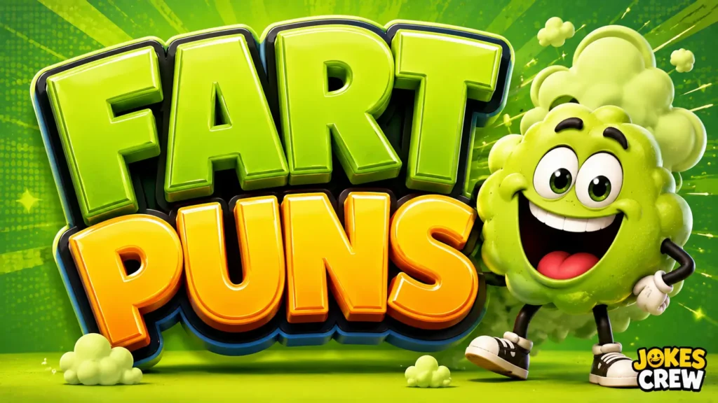 Fart Puns thumbnail with glossy 3D lettering and a cheerful green puff mascot