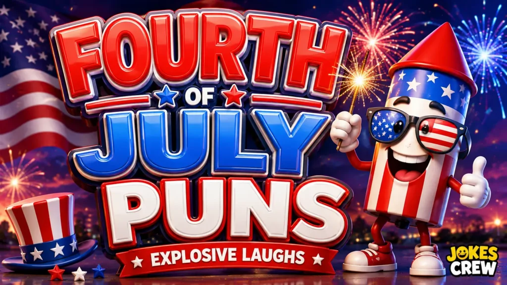 Fourth of July Puns thumbnail with bold 3D text, fireworks, flag, and a patriotic mascot