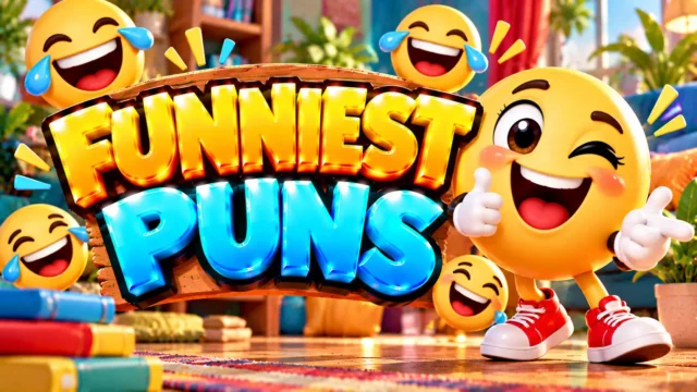 Funniest Puns thumbnail with glossy 3D lettering, laughing emoji mascot, colorful books, and cozy setting