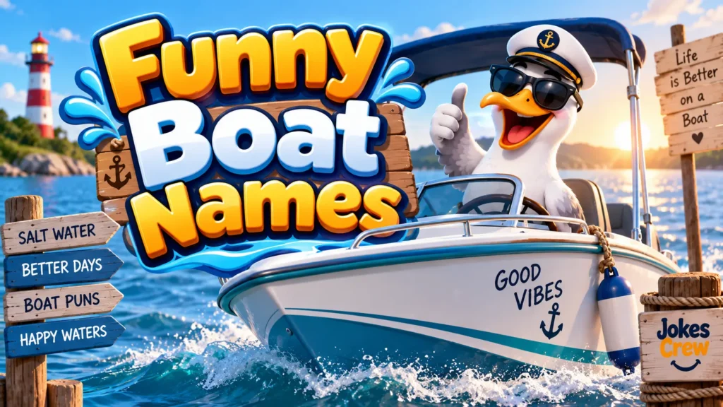 Funny Boat Names featured image with a cheerful captain seagull on a boat