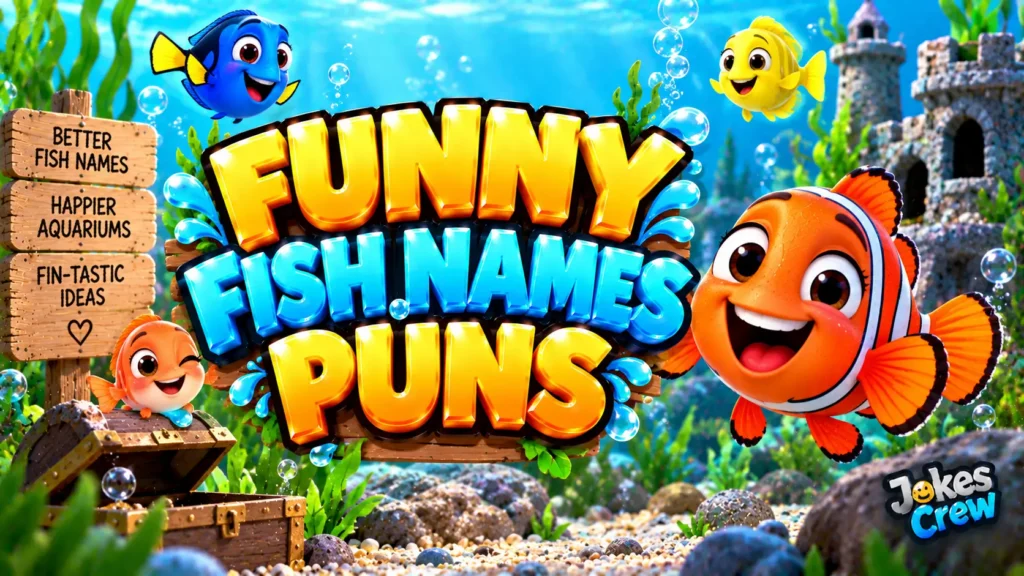 Funny Fish Names Puns thumbnail with glossy 3D lettering, colorful fish, bubbles, and aquarium scenery